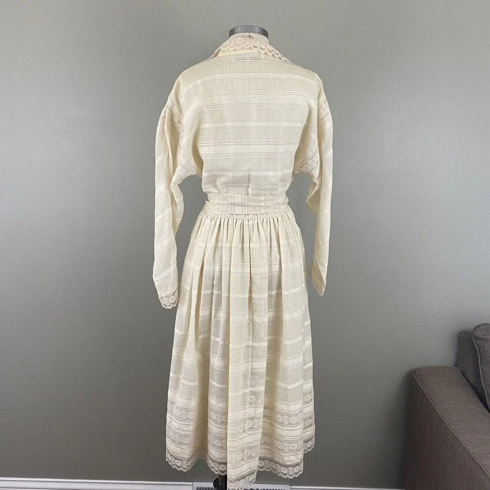 Vtg 70s Albert Capraro Womens Midi Dress XS S Ivory Lace Gunne Style - Picture 8 of 16